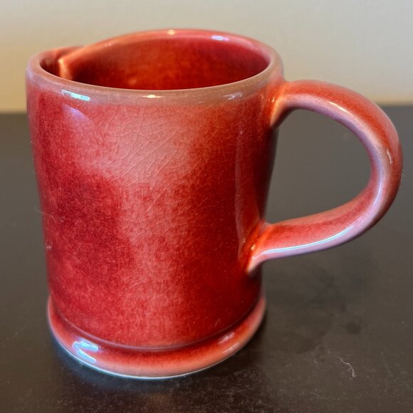 Artisan Handcrafted Cranberry Red Glaze Pottery Mug with Folded Overlap Wall - Picture 3 of 11